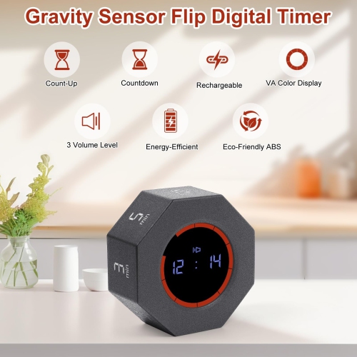 Portable Mini Kitchen Timer, 8 Angle Small Visual Digital Timer with USB Charging and Gravity Sense for Cooking, Working and Studying