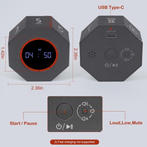 Portable Mini Kitchen Timer, 8 Angle Small Visual Digital Timer with USB Charging and Gravity Sense for Cooking, Working and Studying