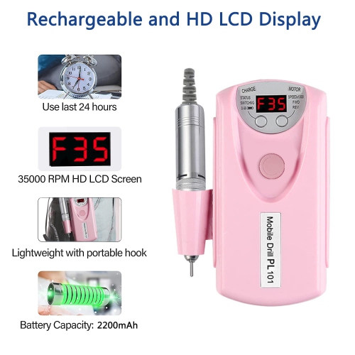 Perceuse à ongles électrique, perceuse à ongles rechargeable professionnelle 35000 tr/min, outils de broyeur à gel en acrylique portatif avec 6