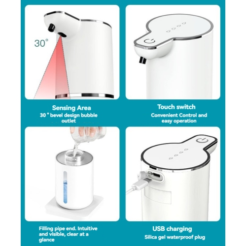 Distributeur de savon à capteur, distributeur automatique de savon pour les mains en mousse, étanche IPX5, chargement USB, réglage de capacité à 4