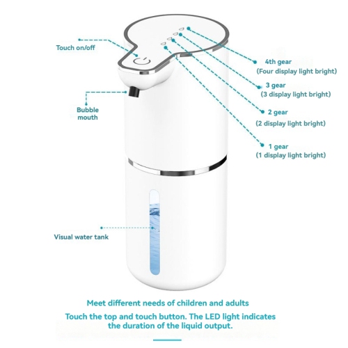 Distributeur de savon à capteur, distributeur automatique de savon pour les mains en mousse, étanche IPX5, chargement USB, réglage de capacité à 4
