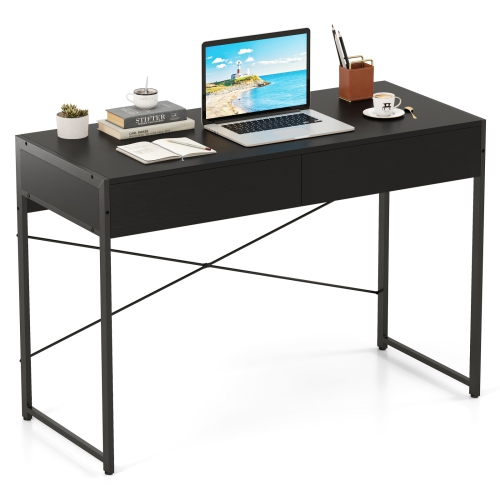 Gymax Modern 2-Drawer Computer Desk w/ Reinforced Heavy-Duty Metal Frame Anti-Tip Kit