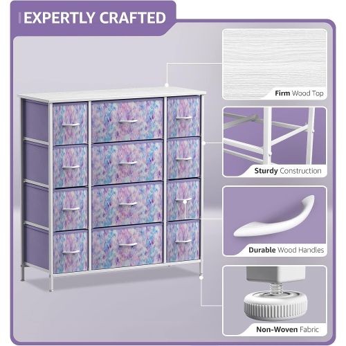 Sorbus Dresser with 12 Drawers | Chest Organizer Unit with Steel Frame Wood Top and Handle | Large Fabric Dresser for Bedroom & Hallway- Tie-Dye