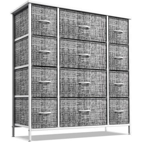 Commode Sorbus à 12 tiroirs | Coffre organisateur avec cadre en acier, dessus et poignée en bois | Grande commode en tissu pour chambre et couloir -
