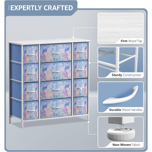 Sorbus Dresser with 12 Drawers | Chest Organizer Unit with Steel Frame Wood Top and Handle | Large Fabric Dresser for Bedroom & Hallway- Tie-Dye Blue