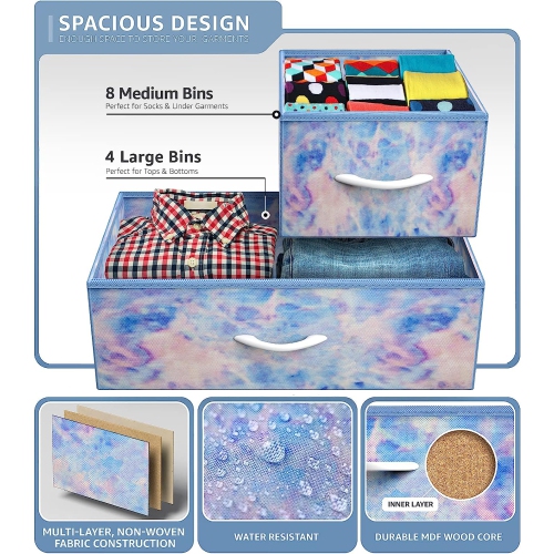 Sorbus Dresser with 12 Drawers | Chest Organizer Unit with Steel Frame Wood Top and Handle | Large Fabric Dresser for Bedroom & Hallway- Tie-Dye Blue