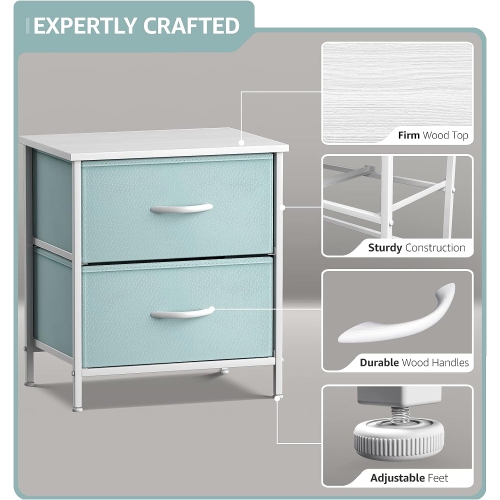 Sorbus Nightstand with 2 Drawers | Steel Frame Wood Top and Easy-Pull Fabric Bins | Ideal for Home Bedroom Office or College Dorm- Aqua