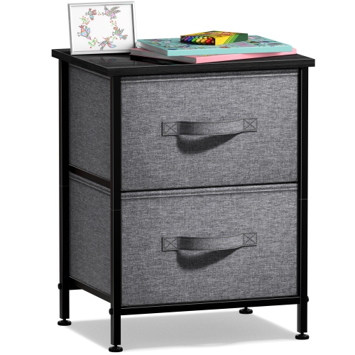 Sorbus Nightstand with 2 Drawers | Steel Frame Wood Top and Easy-Pull Fabric Bins | Ideal for Home Bedroom Office or College Dorm- Black