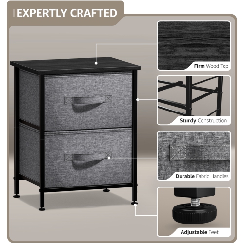 Sorbus Nightstand with 2 Drawers | Steel Frame Wood Top and Easy-Pull Fabric Bins | Ideal for Home Bedroom Office or College Dorm- Black