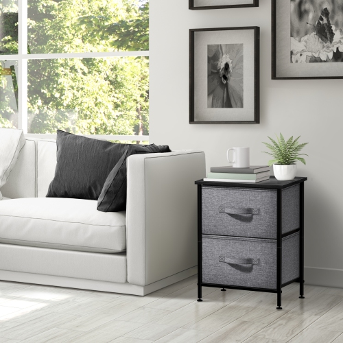 Sorbus Nightstand with 2 Drawers | Steel Frame Wood Top and Easy-Pull Fabric Bins | Ideal for Home Bedroom Office or College Dorm- Black