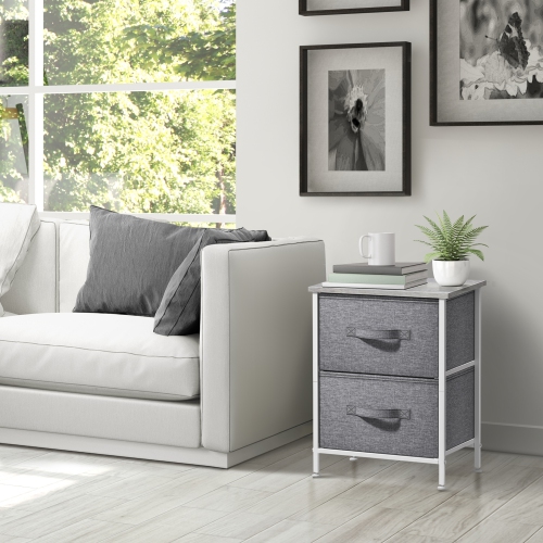 Sorbus Nightstand with 2 Drawers | Steel Frame Wood Top and Easy-Pull Fabric Bins | Ideal for Home Bedroom Office or College Dorm- Gray