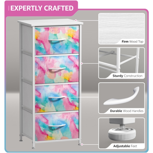 Table de chevet à 4 tiroirs Sorbus | Rangement pour la maison ou le collège | Cadre en acier, dessus en bois et bacs en tissu - Aquarelle