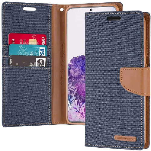 TopSave Goospery CANVAS Card Holder Fabric Folio Wallet Flip Case For iPhone 16e, Navy Blue