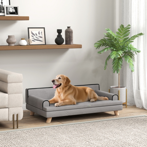 PawHut Dog Sofa, 39" Cat Couch with Removable Cushion, Washable Cover, Wooden Legs, Elevated Pet Cat Sofa for Medium & Large Dogs, Light Grey
