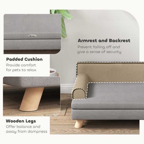 PawHut Dog Sofa, 39" Cat Couch with Removable Cushion, Washable Cover, Wooden Legs, Elevated Pet Cat Sofa for Medium & Large Dogs, Light Grey