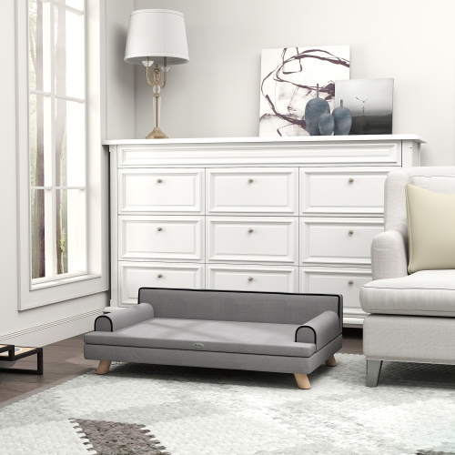 PawHut Dog Sofa, 39" Cat Couch with Removable Cushion, Washable Cover, Wooden Legs, Elevated Pet Cat Sofa for Medium & Large Dogs, Light Grey