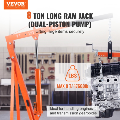 VEVOR Hydraulic Long Ram Jack, 8 Ton Engine Hoist Cylinder w/ Double Piston Pump And Clevis Base, Hydraulic Ram Cylinder for Engine Lift Hoists, Shop