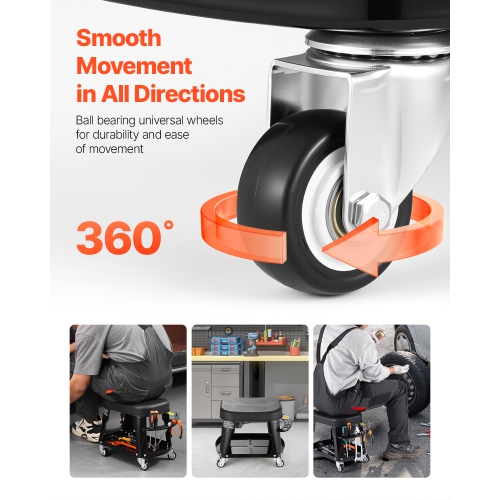 VEVOR 300lbs Capacity Mechanic Stool, Garage Seat/Work Stool with Wheels, 360° Rolling Stool with Tool Tray and Screwdriver Rack, Heavy-Duty, for