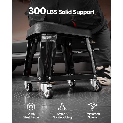 VEVOR 300lbs Capacity Mechanic Stool, Garage Seat/Work Stool with Wheels, 360° Rolling Stool with Tool Tray and Screwdriver Rack, Heavy-Duty, for