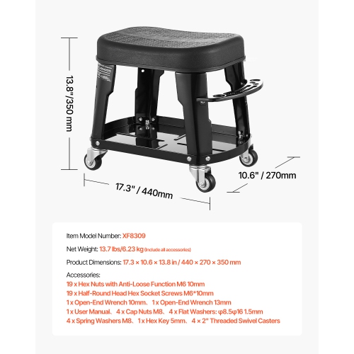 VEVOR 300lbs Capacity Mechanic Stool, Garage Seat/Work Stool with Wheels, 360° Rolling Stool with Tool Tray and Screwdriver Rack, Heavy-Duty, for