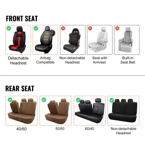 VEVOR 13pcs Seat Covers, Universal Car Seat Covers, Front & Rear Seat, Faux Leather Cover, Full Enclosed Design, Detachable Headrest and Airbag