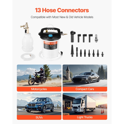 VEVOR Brake Bleeder Kit, 3L Brake Fluid Extractor w/ 1L Siphon Refilling Bottle & 13 Hose Connectors, Brake Bleeder Kit w/ Extended Silicone Hose &