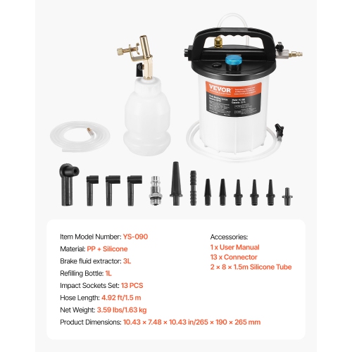 VEVOR Brake Bleeder Kit, 3L Brake Fluid Extractor w/ 1L Siphon Refilling Bottle & 13 Hose Connectors, Brake Bleeder Kit w/ Extended Silicone Hose &