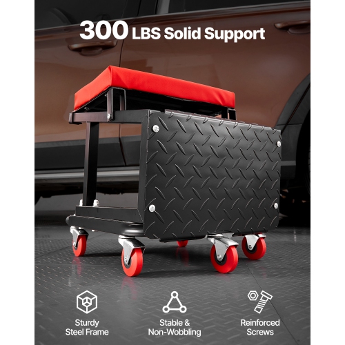 VEVOR 300lbs Capacity Mechanic Stool, Garage Seat/Work Stool with Wheels, 360° Rolling Stool with Tool Tray, Mechanics Creeper Seat/Step Stool, for