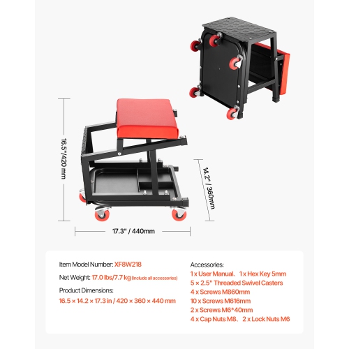 VEVOR 300lbs Capacity Mechanic Stool, Garage Seat/Work Stool with Wheels, 360° Rolling Stool with Tool Tray, Mechanics Creeper Seat/Step Stool, for