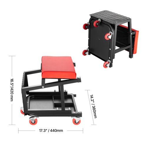 VEVOR 300lbs Capacity Mechanic Stool, Garage Seat/Work Stool with Wheels, 360° Rolling Stool with Tool Tray, Mechanics Creeper Seat/Step Stool, for