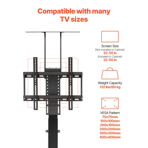 VEVOR 132lbs max Load Motorized TV Lift Stand, Adjustable Stand, Vertical Electric TV Bracket w/ Remote Control, for 32-55 in / 32 - 50 in (in