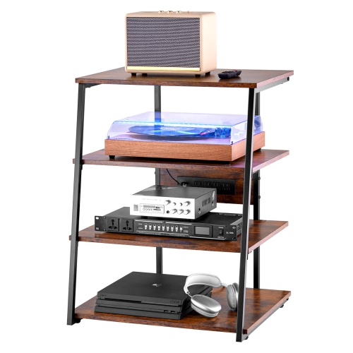 VEVOR 4-Tier AV Media Stand with Power Strips, Corner TV Stand with LED Lights, Height Adjustable Wooden Shelves for DVD Players/Cable Boxes/Games