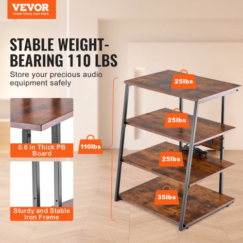 VEVOR 4-Tier AV Media Stand with Power Strips, Corner TV Stand with LED Lights, Height Adjustable Wooden Shelves for DVD Players/Cable Boxes/Games