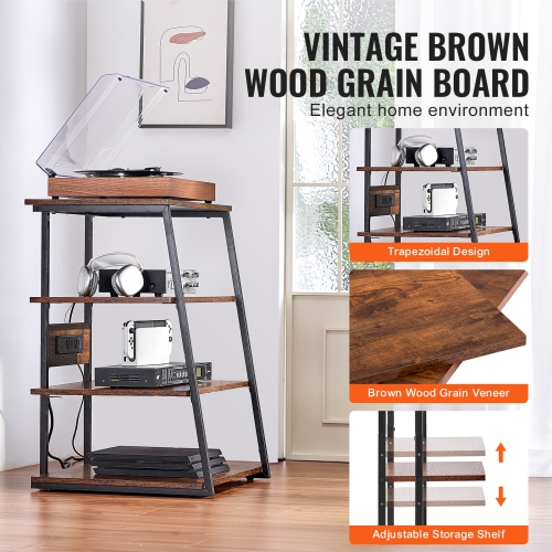 VEVOR 4-Tier AV Media Stand with Power Strips, Corner TV Stand with LED Lights, Height Adjustable Wooden Shelves for DVD Players/Cable Boxes/Games