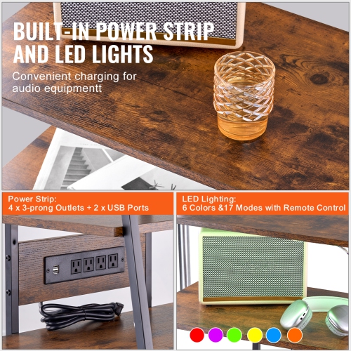 VEVOR 4-Tier AV Media Stand with Power Strips, Corner TV Stand with LED Lights, Height Adjustable Wooden Shelves for DVD Players/Cable Boxes/Games