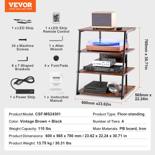 VEVOR 4-Tier AV Media Stand with Power Strips, Corner TV Stand with LED Lights, Height Adjustable Wooden Shelves for DVD Players/Cable Boxes/Games
