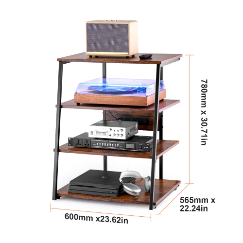VEVOR 4-Tier AV Media Stand with Power Strips, Corner TV Stand with LED Lights, Height Adjustable Wooden Shelves for DVD Players/Cable Boxes/Games