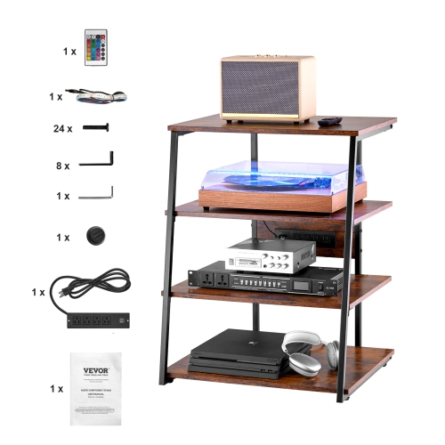 VEVOR 4-Tier AV Media Stand with Power Strips, Corner TV Stand with LED Lights, Height Adjustable Wooden Shelves for DVD Players/Cable Boxes/Games