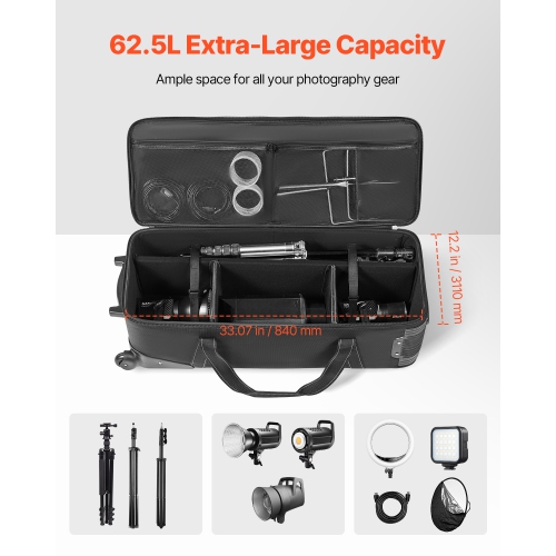 VEVOR 35.83 x 11.81 x 14 in Studio Equipment Trolley Case, Rolling Camera Bag, Carrying Bag with Wheels Straps Padded Compartment Handle, for Light