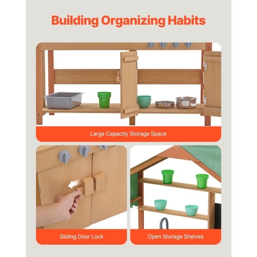 VEVOR Mud Kitchen for Kids, Wooden Toy Play Kitchen Set with Accessories, Outdoor Toddler Grocery Store Playset, with Stoves, Planter Boxes, Sink,