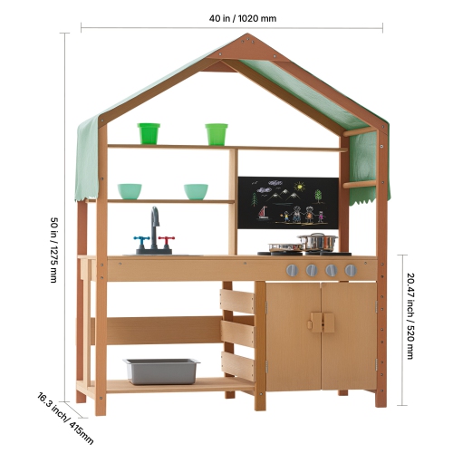 VEVOR Mud Kitchen for Kids, Wooden Toy Play Kitchen Set with Accessories, Outdoor Toddler Grocery Store Playset, with Stoves, Planter Boxes, Sink,