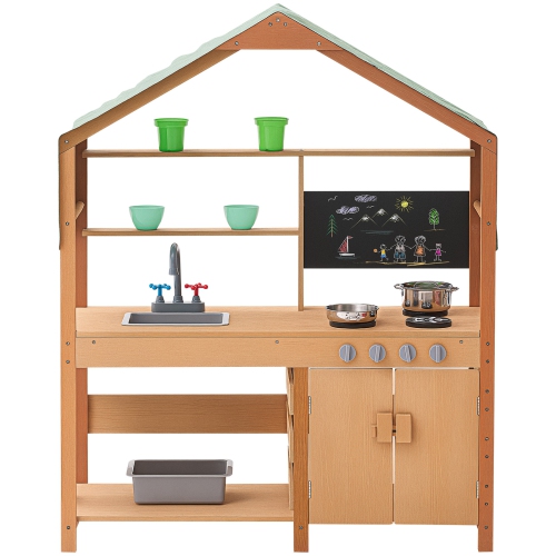 VEVOR Mud Kitchen for Kids, Wooden Toy Play Kitchen Set with Accessories, Outdoor Toddler Grocery Store Playset, with Stoves, Planter Boxes, Sink,