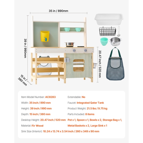 VEVOR Mud Kitchen for Kids, Wooden Toy Play Kitchen Set, Outdoor Toddler Grocery Store Playset, with Stoves, Tank, Faucet, Storage Bag, Metal