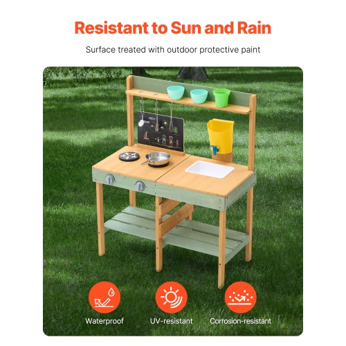 VEVOR Mud Kitchen for Kids, Wooden Toy Play Kitchen Set, Outdoor Toddler Grocery Store Playset, with Planter Box, Stoves, Tank, Faucet, Blackboard,