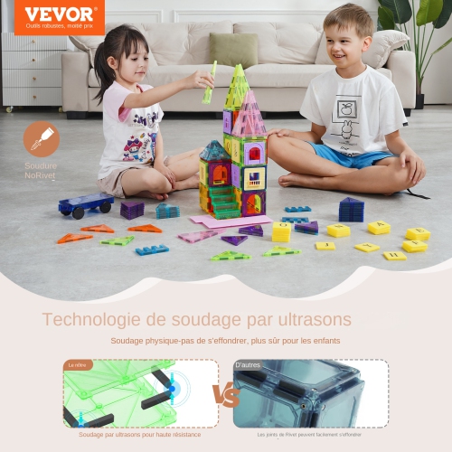 VEVOR 121 PCS Magnetic Tiles, Magnetic Building Blocks for Kids, with 2 Car Bases & 26 Digital Cards, STEM Educational Construction Stacking Toys for