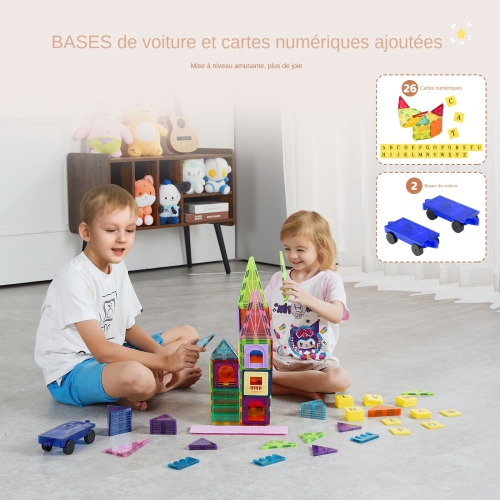 VEVOR 121 PCS Magnetic Tiles, Magnetic Building Blocks for Kids, with 2 Car Bases & 26 Digital Cards, STEM Educational Construction Stacking Toys for