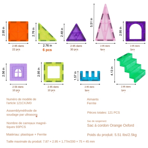 VEVOR 121 PCS Magnetic Tiles, Magnetic Building Blocks for Kids, with 2 Car Bases & 26 Digital Cards, STEM Educational Construction Stacking Toys for