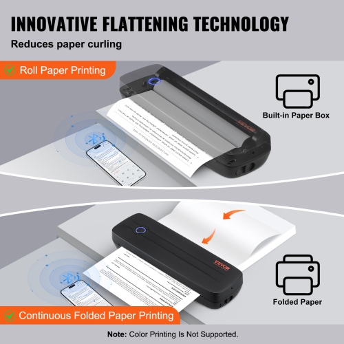 VEVOR 203 DPI Portable Printer-2600mAh Battery, Bluetooth Inkless Mobile Printer for A4, A5 & 8.5" x 11" Thermal Paper, Fit iOS, Android & Laptop,