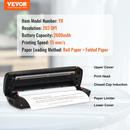 VEVOR 203 DPI Portable Printer-2600mAh Battery, Bluetooth Inkless Mobile Printer for A4, A5 & 8.5" x 11" Thermal Paper, Fit iOS, Android & Laptop,