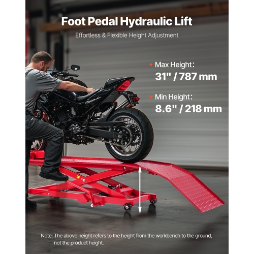 VEVOR 1000lbs Weight Capacity Motorcycle Lift Table, 360° Moving Motorcycle Jack Stand, 8.6-31 in Height Range, Heavy Duty Bike Repair Stand with